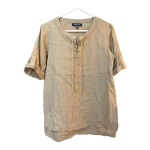 Ellen Tracy Dark Beige/Brown 100% Linen Roll Tab Blouse Shirt Tunic Tan Size PS